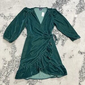 GAP Velvet Wrap Mini Dress‎ Womens Small Green Ruffle Long Sleeve NWT